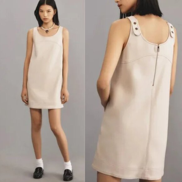 Anthropologie Pilcro Faux-Leather Scoop-Neck Shift Mini Dress NWT in Neutral 4 - Picture 1 of 16